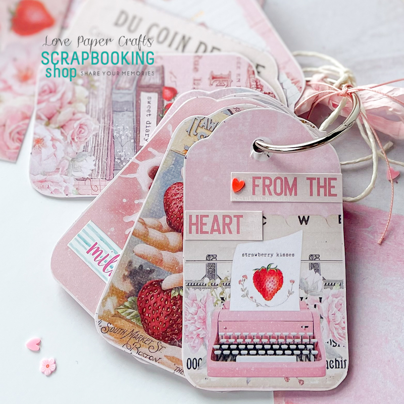 Love Paper Crafts - Mini pamiętnik wakacyjny z tagów, posypany cekinami Milkshake od Primy Marketing